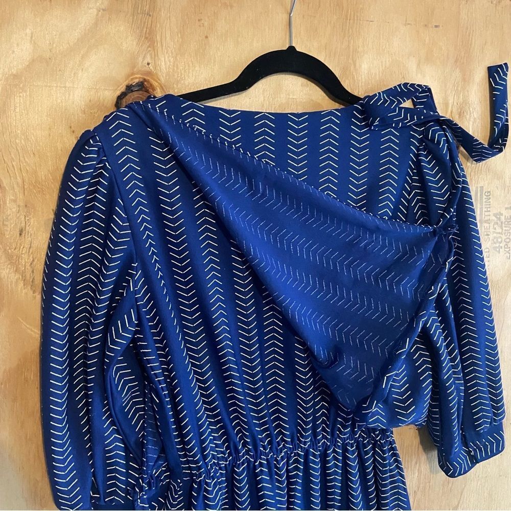 Vintage Periwinkle 80s Geometric Arrow Print Blue Puff Sleeve Dress Sz 10 - Picture 9 of 11